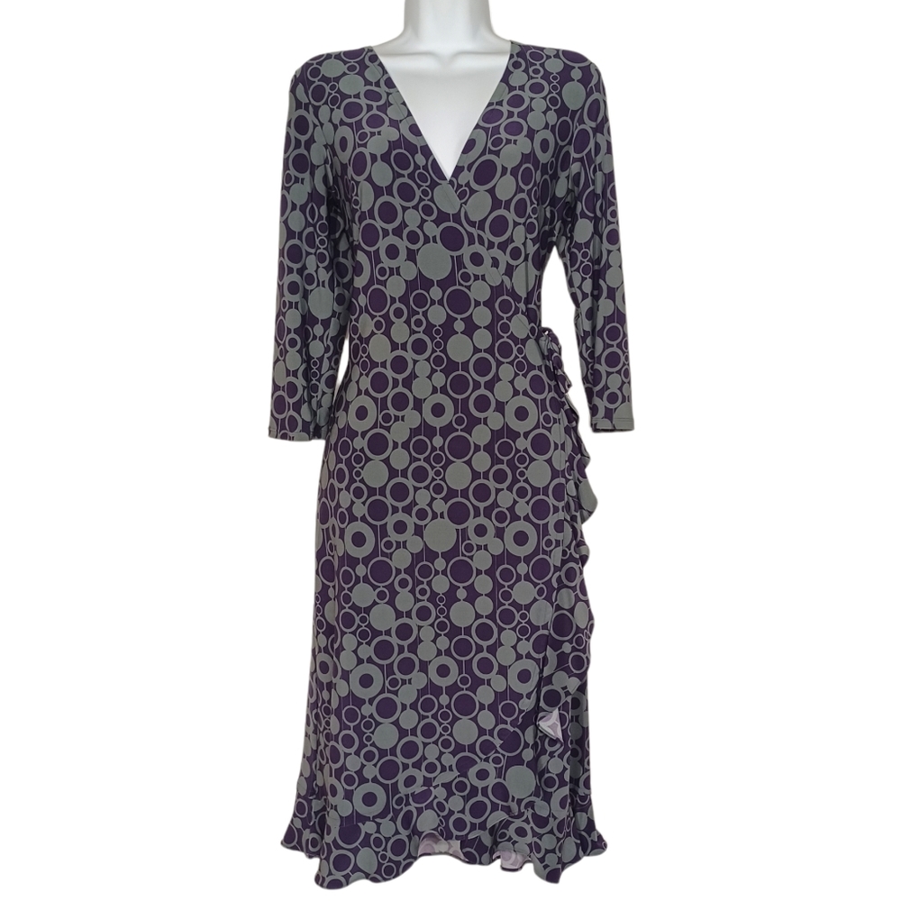 NINE WEST Gray Purple Circle Polka Dot Geometric Print Ruffle Wrap Dress 10 M